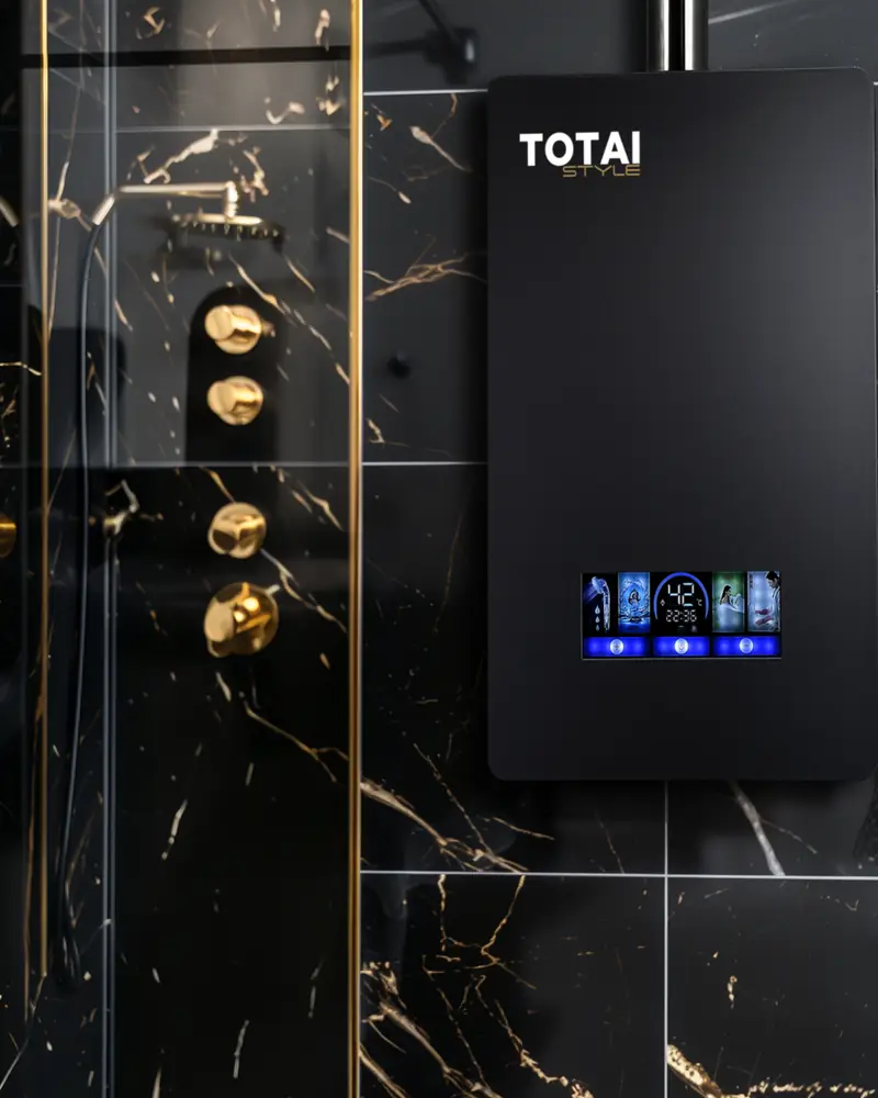 Totai Style gas geyser on a black marble wall