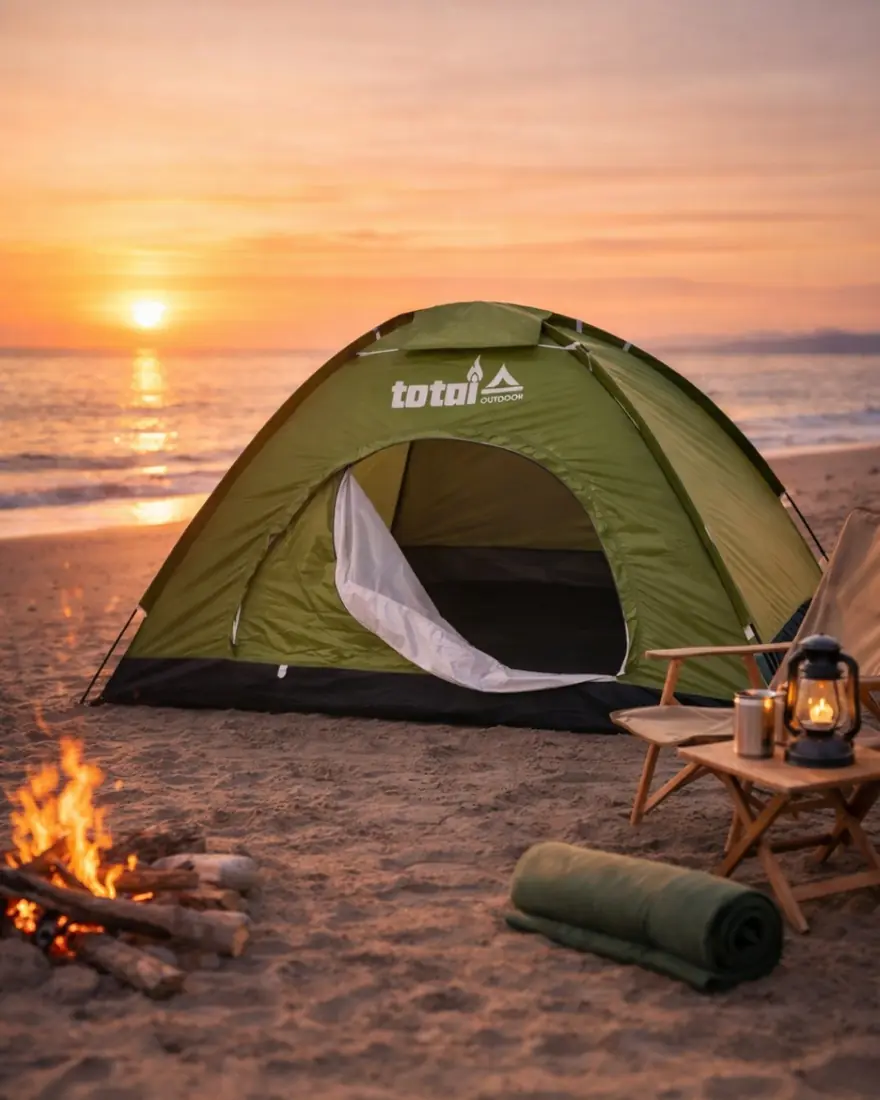 A Totai tent by a campfire at sunset